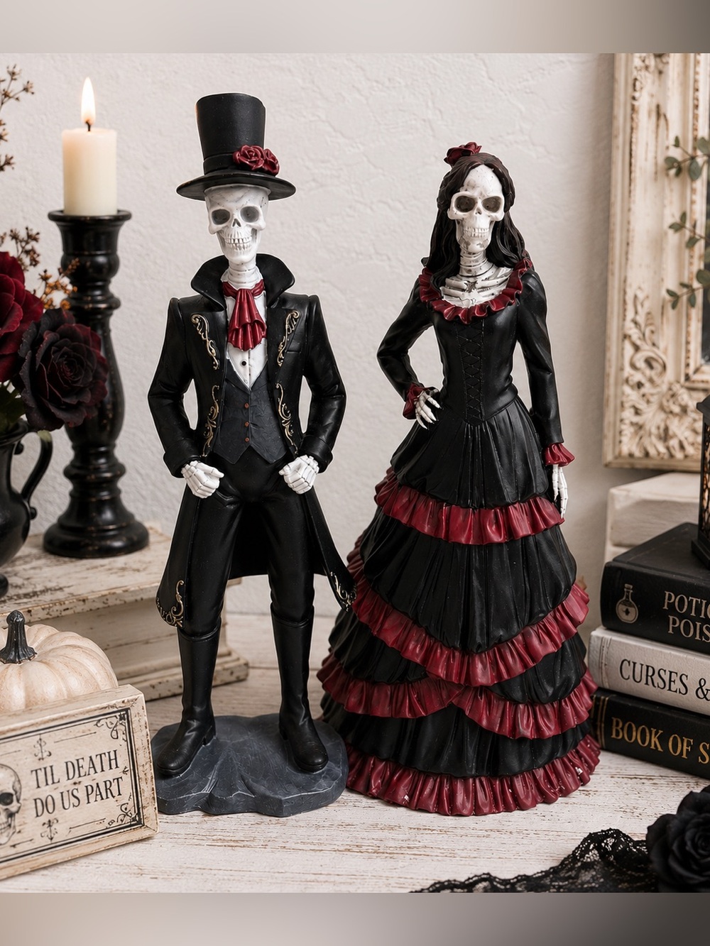 Gothic Skeleton Couple Figurine Halloween Decor Bride Groom Victorian Style Set